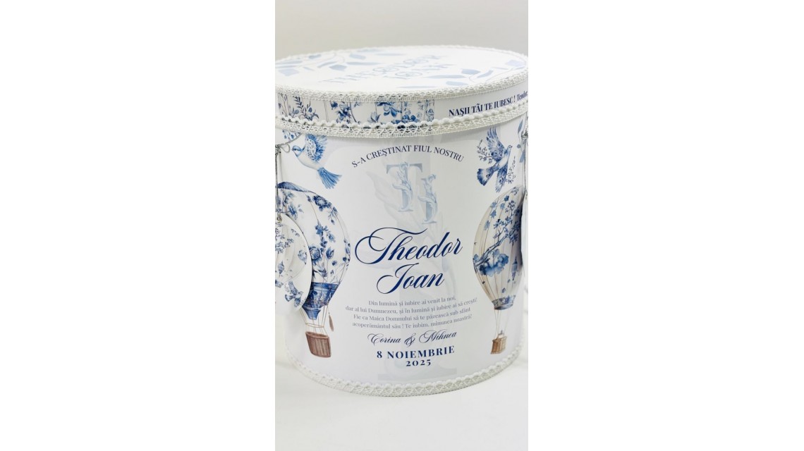 Trusou botez baietel Hot Air Balloon Blue Toile cu baloane de aer cald design elegant 24